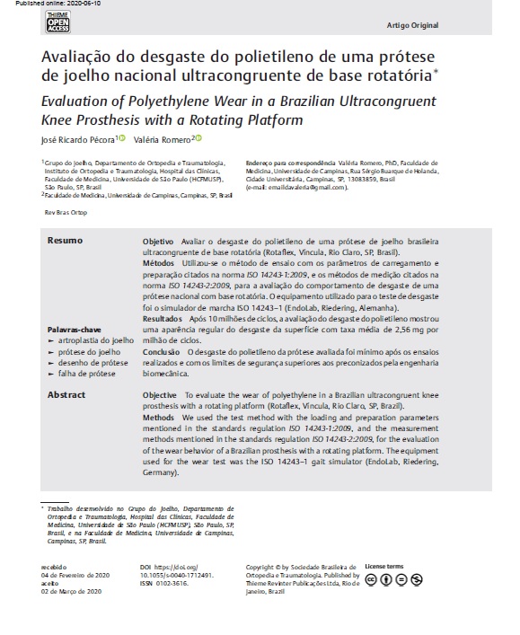 Avaliação do Desgaste de Polietileno em Prótese Ultracongruente de Joelho Brasileira com Plataforma Rotativa